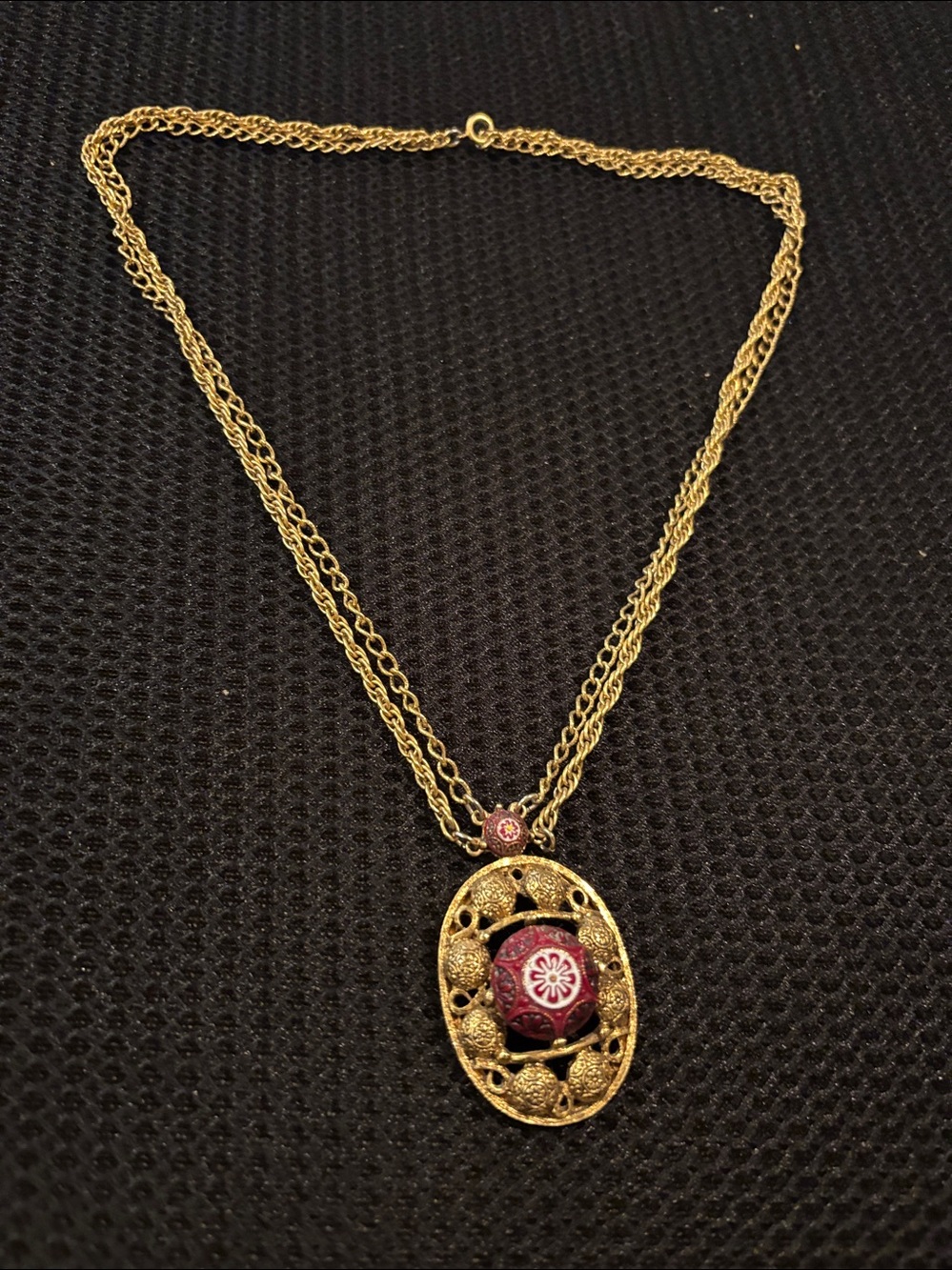 Signed Celebrity NY Gold-Tone Filigree Pendant Necklace with Red Enamel Accent
